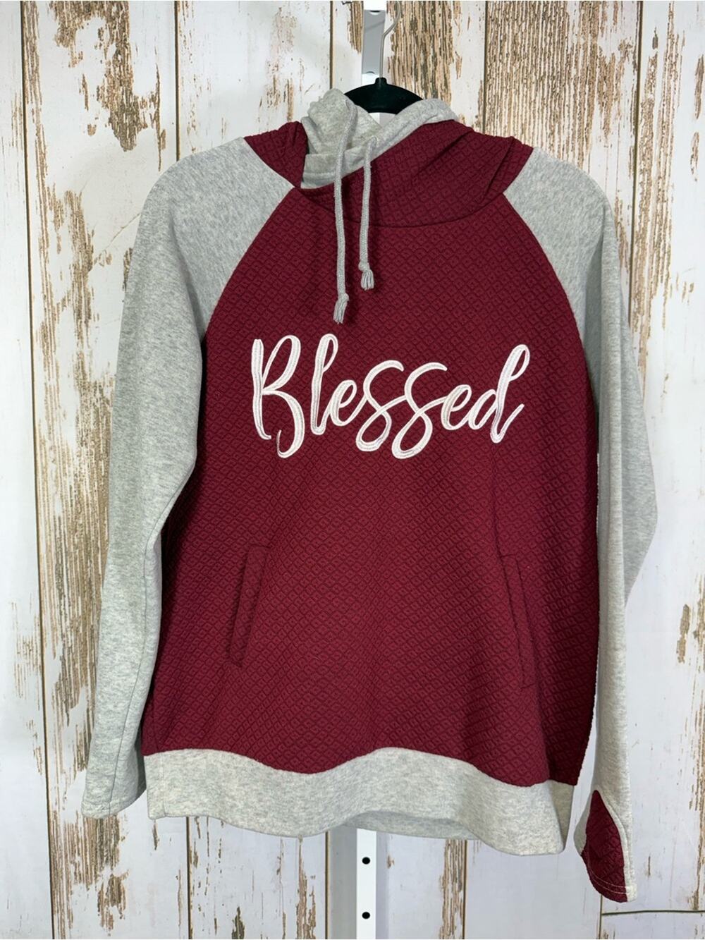 Love in Faith, Blessed, Textured Double Hood Henley Hoodie. Size Medium.